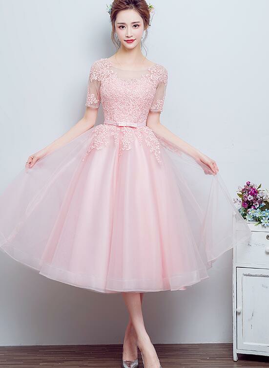 Picture of Pretty Pink Tulle Tea Length Bridesmaid Dress, Tulle with Lace Party Dress